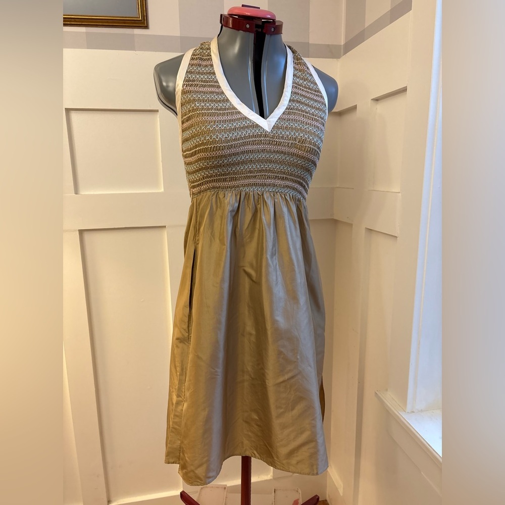 Vintage Cynthia Rowley Silk Tan and White Halter Dress Size 0 Vintage Designer - Picture 5 of 10